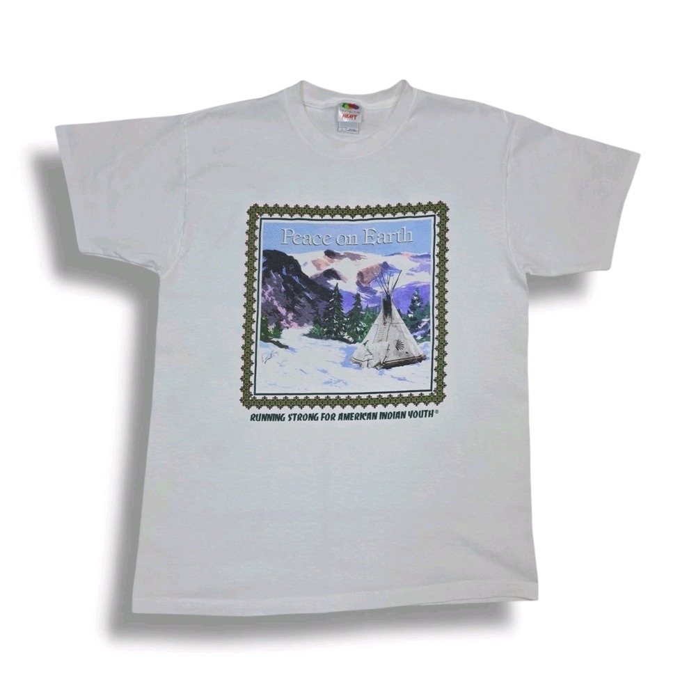 Vintage Peace On Earth American Indian Youth Fruit Of The Loom White T Shirt L